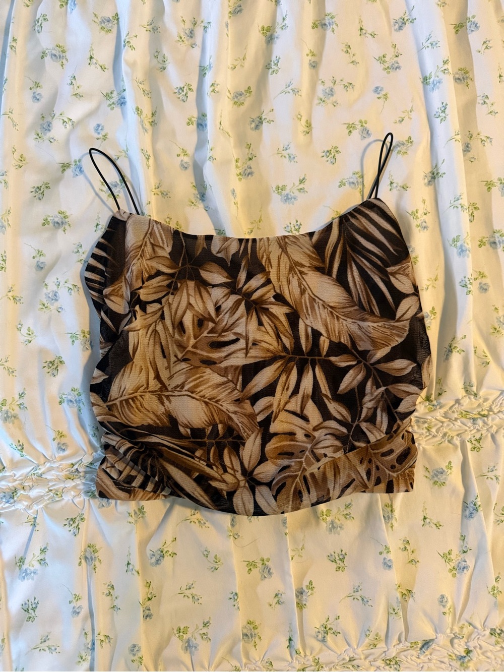 Windsor Black and Brown Tropical-Leaf Spaghetti-Strap Crop Top with Mesh Overlay